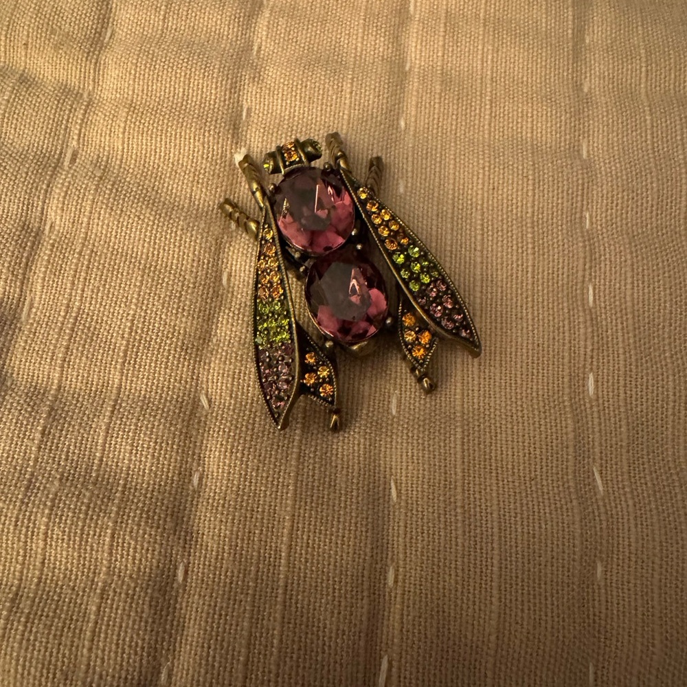Pink and Green Insect Brooch with Intricate Metalwork